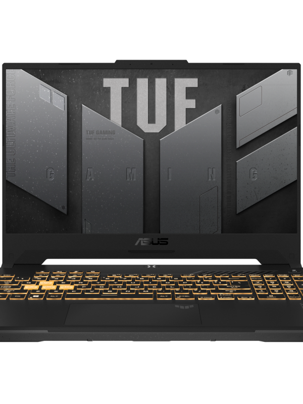 A sleek ASUS TUF Gaming F15 laptop with a robust design, featuring a backlit keyboard and a high-resolution display