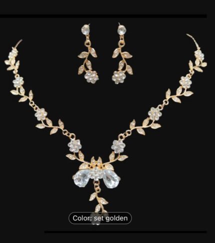 Elegant Golden Floral Necklace and Earring Set with Crystal Accents