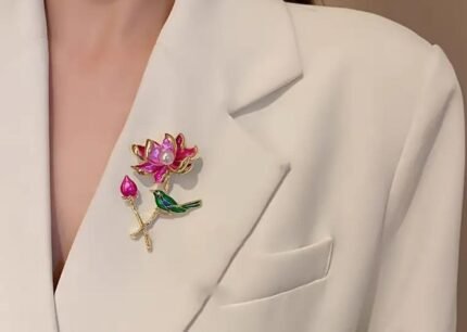 Elegant Lotus Flower and Magpie Brooch – Enamel Pin with Pearl Detail