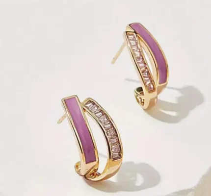 Elegant Purple Enamel & Crystal Accent Hoop Earrings – Gold-Plated Fashion Jewelry