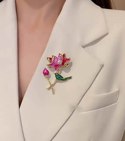Elegant Lotus Flower and Magpie Brooch – Enamel Pin with Pearl Detail