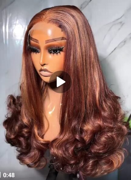 Ellen Wig – Wine Color with Golden Highlights & Kim Kay Closure | Human Hair Blend, Deep Part Flip Bounce Curls